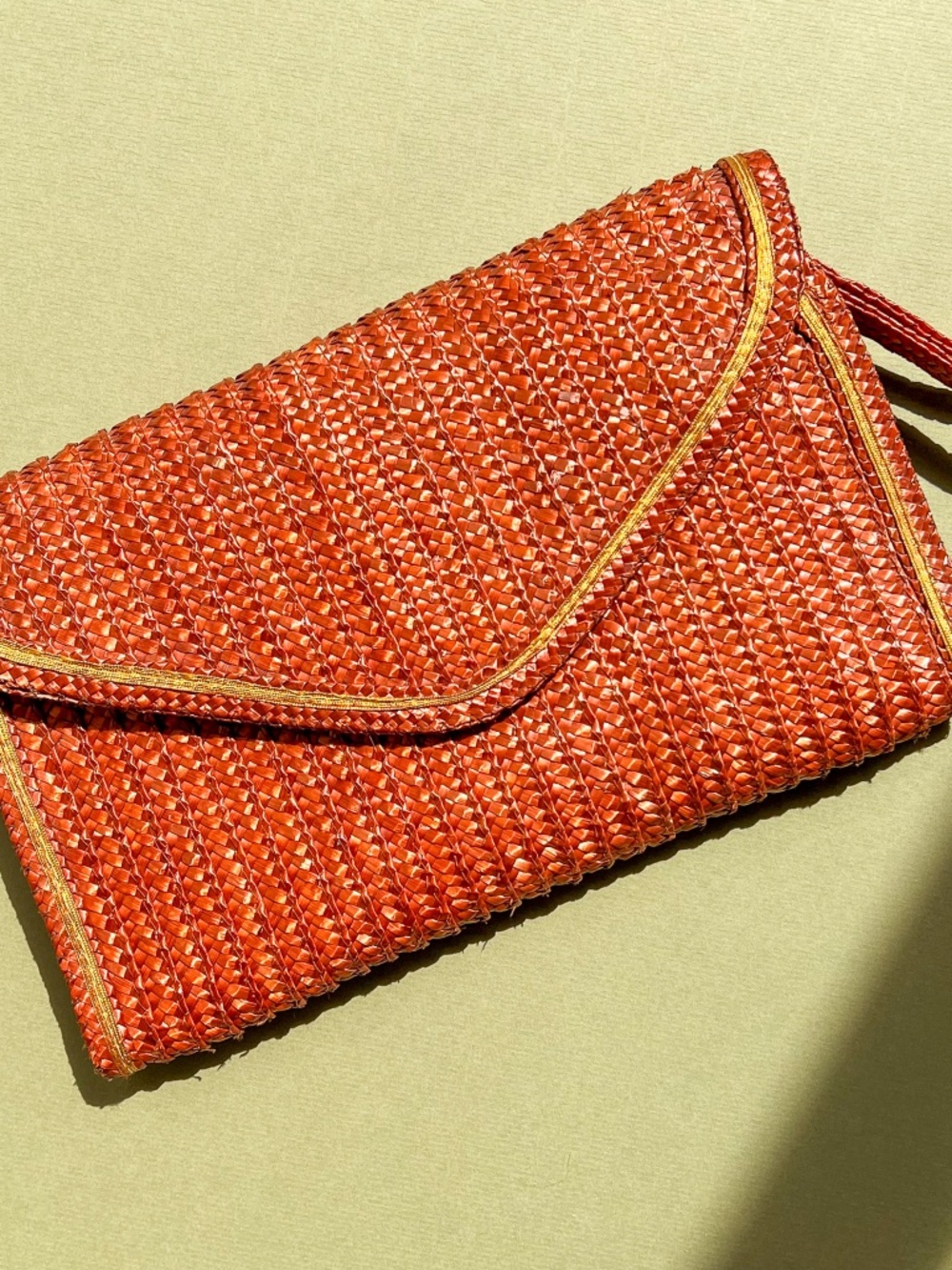 Vintage 1970s Brown Raffia Clutch With Gold Trim